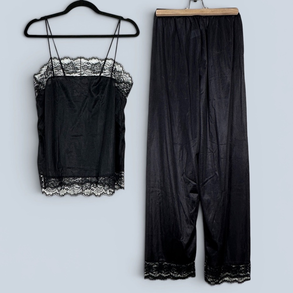 Vintage Black Nylon Lace Trim Medium Cami and Small Wide Leg Pajama Set Women